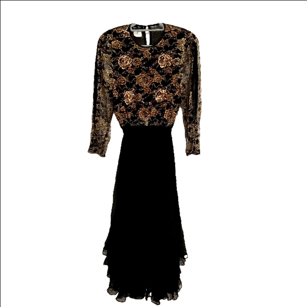 EUC RARE Diane Freis Original Gold Embroidered & Beaded Formal Evening Gown